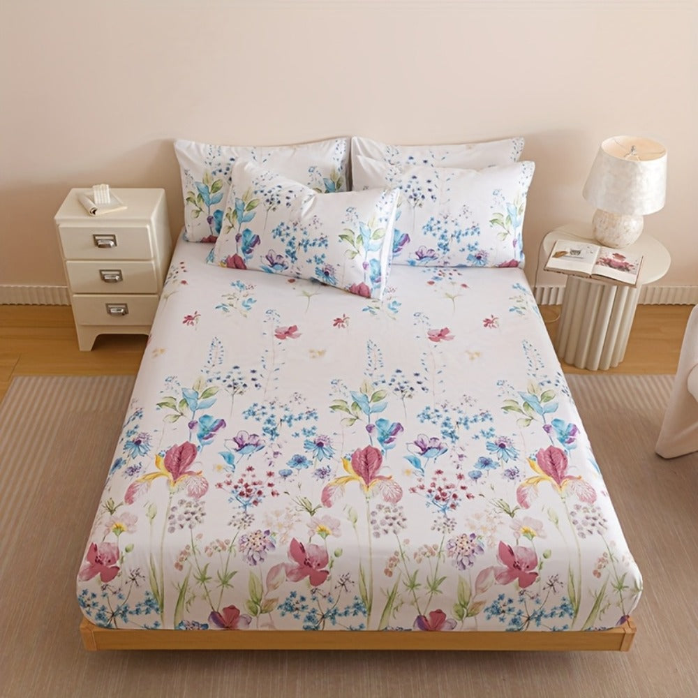 Floral Bedding Set 4-Piece ¨C 1 Fitted Sheet + 1 Flat Sheet + 2 Pillowcases | Soft Breathable Polyester | All-Season Flower Print Bed Sheet Set | Machine Washable | Twin Full Queen King