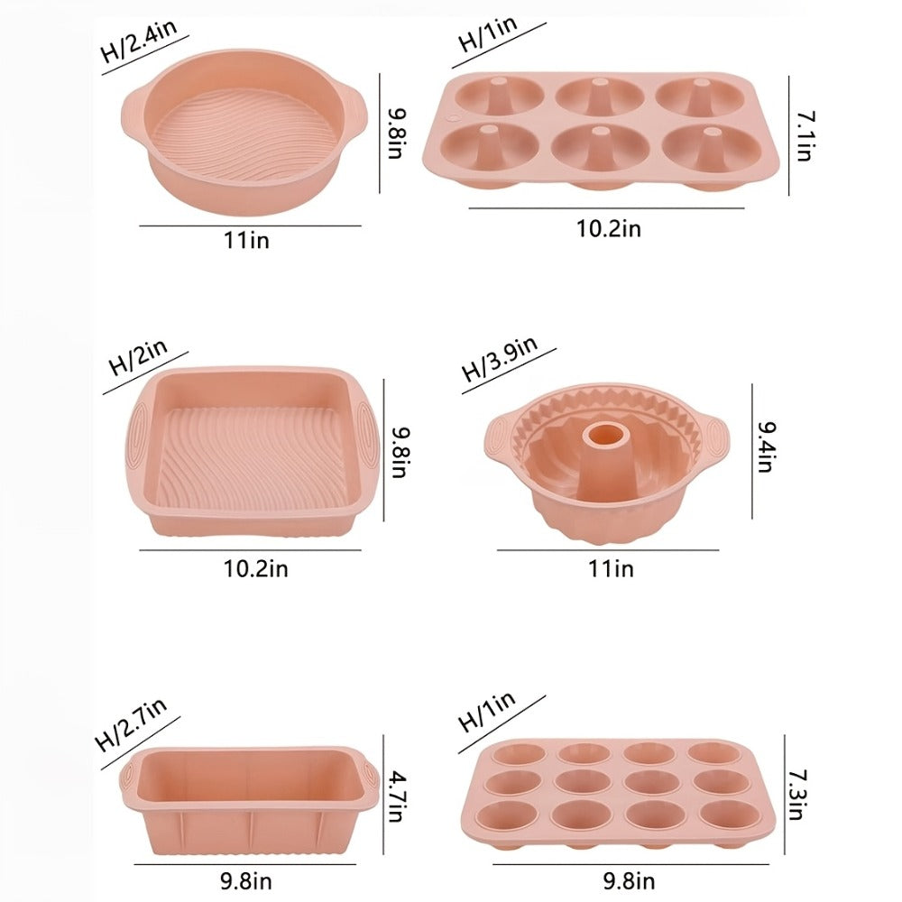 Silicone Baking Pan Set 6-Piece, Nonstick Silicone Cake Molds, Muffin Pan & Donut Baking Pan, Flexible Easy Release Bakeware for Oven Use, Holiday Baking Molds in Pink Gray Blue