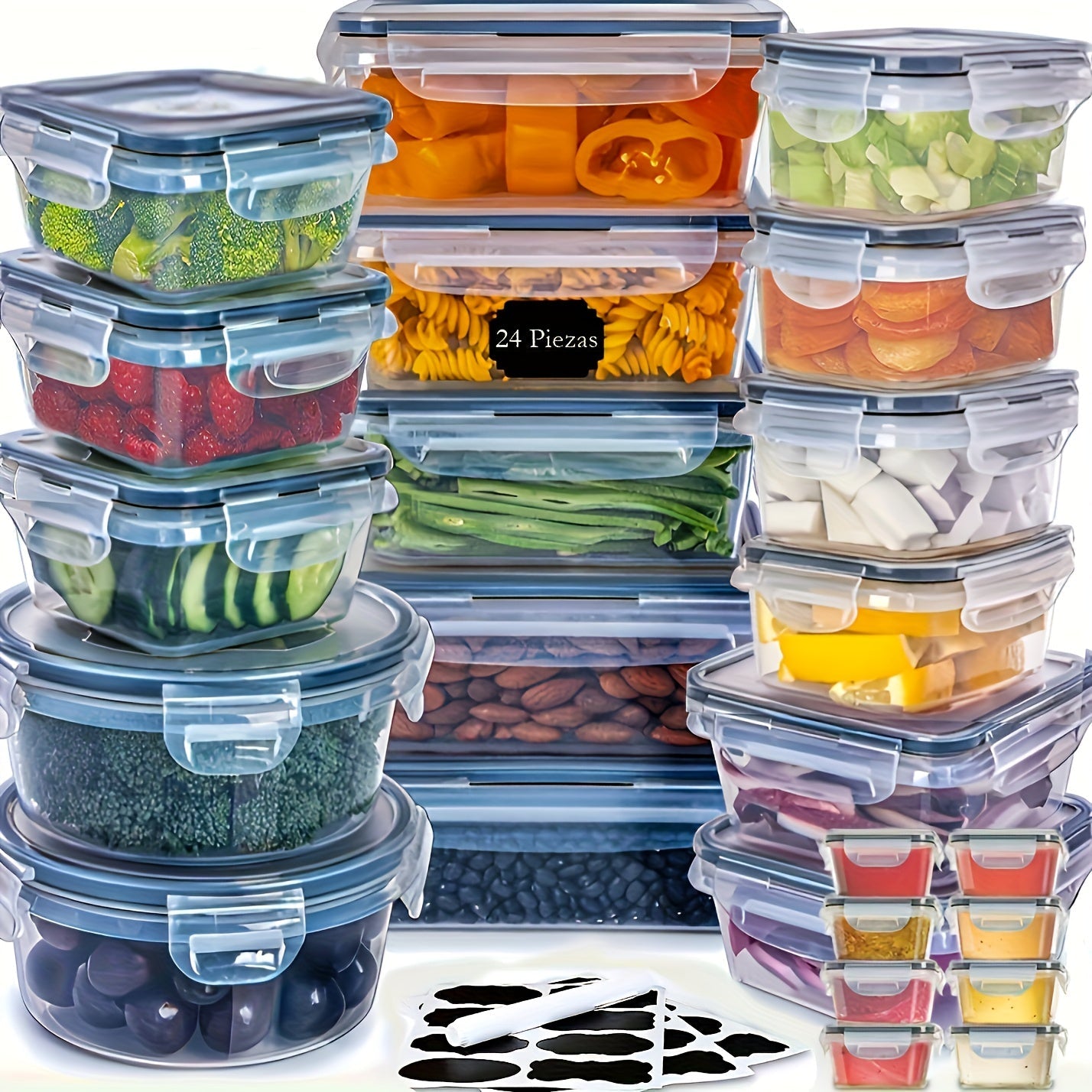 Food Storage Containers Set with Lids 48-Piece | Leak-Proof Stackable Plastic Meal Prep Containers for Kitchen Pantry Refrigerator Freezer Microwave Safe with Labels