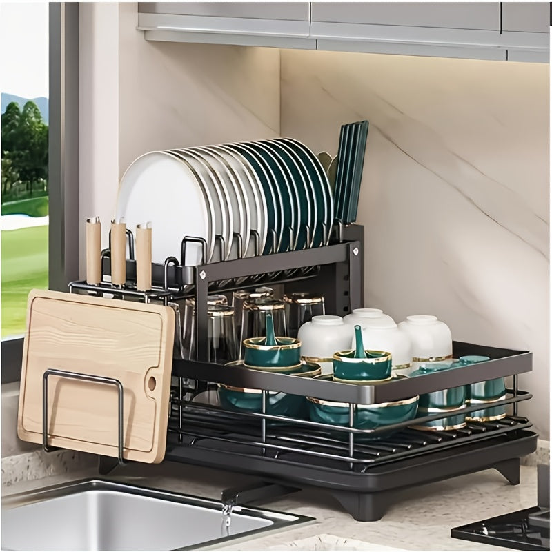2-Tier Metal Dish Drying Rack with Cutlery Holder Cup Holder & Rust-Proof Drip Tray ¨C Space Saving Countertop Kitchen Organizer