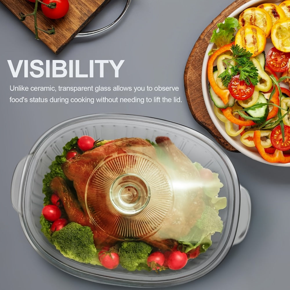 Glass Casserole Dish with Lid, Oval Ribbed Roasting Pan, Oven & Microwave Safe Covered Baking Dish, Transparent Deep Glass Cookware for Chicken Pasta Desserts, 50oz & 85oz Options
