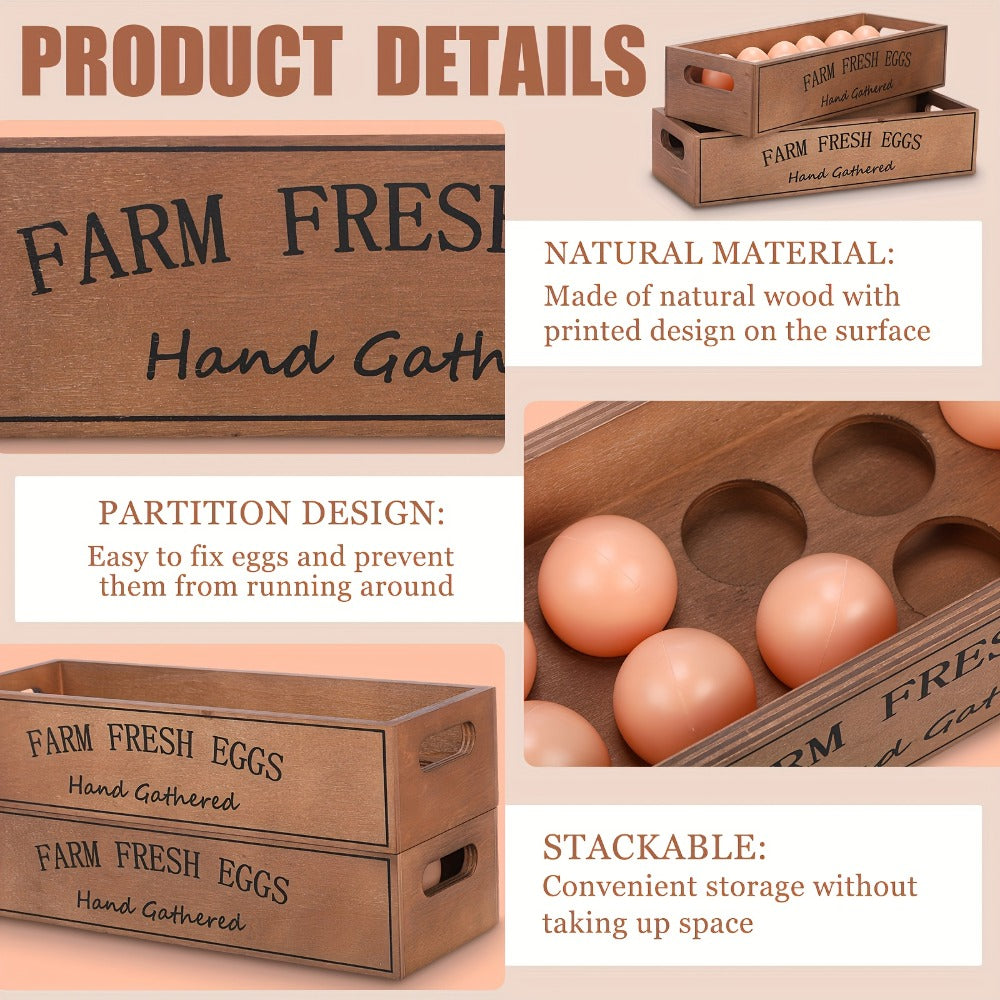 Farmhouse Wooden Egg Holder Rack 2pcs - 24 Egg Storage Display with Handle for Kitchen, Farm, Easter