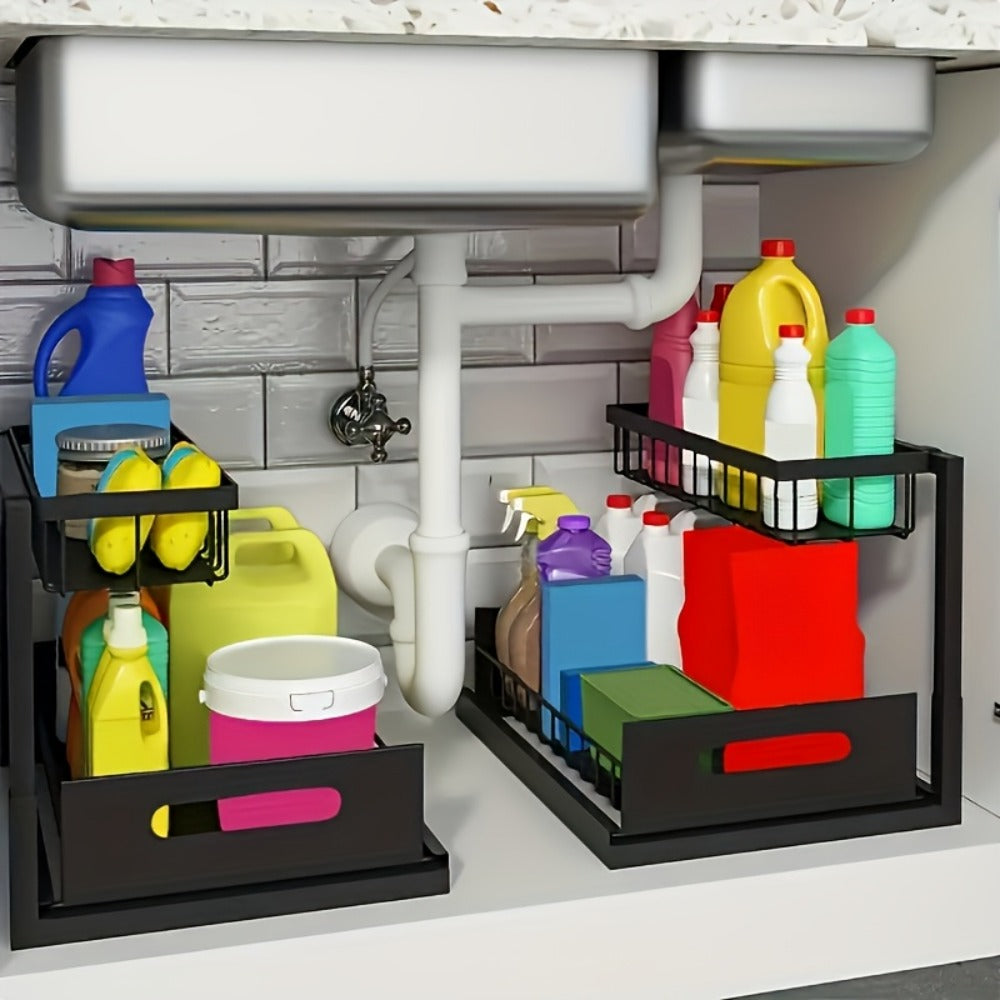 Under Sink Organizer Pull Out, 2-Tier Slide Out Cabinet Organizer with Adjustable Shelves, Under Sink Storage Rack for Kitchen Bathroom Cabinet Organization