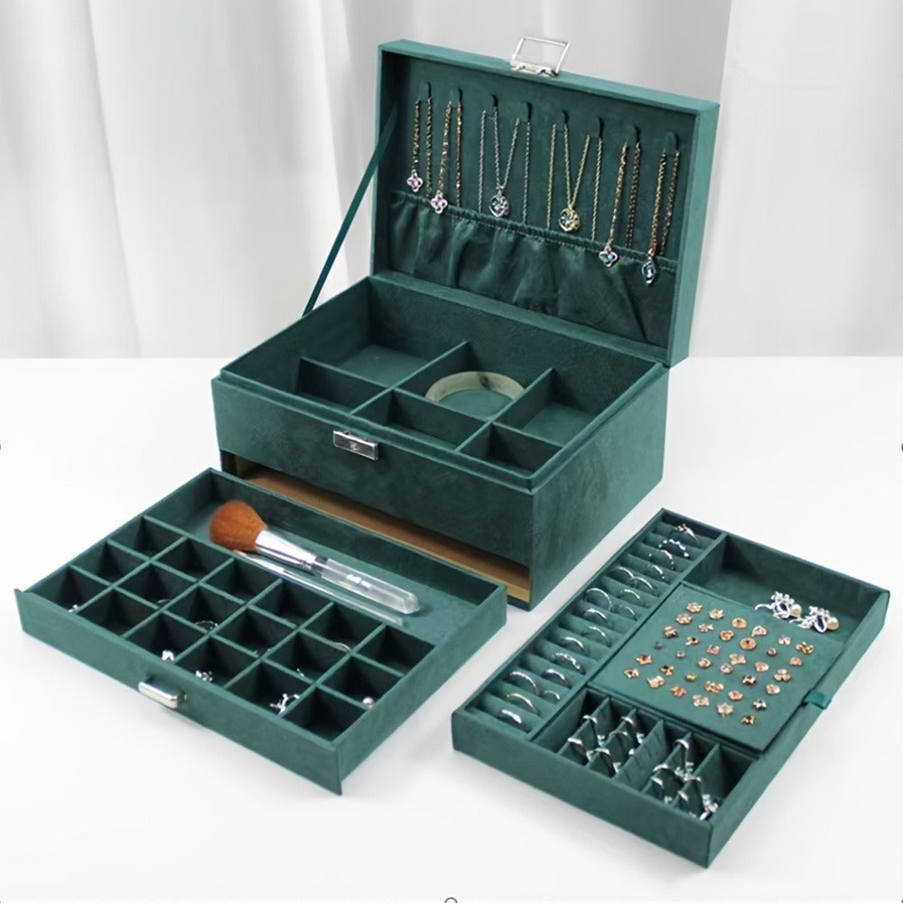 Velvet Jewelry Organizer Box with Lock & Drawers ¨C Large Capacity Storage Case for Rings, Necklaces, Earrings & Bracelets, Travel Jewelry Box