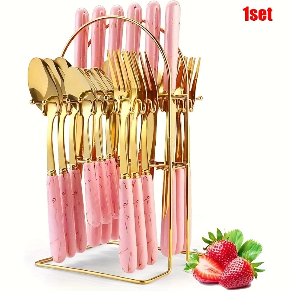 Marble Pattern Cutlery Set 24pcs - Dinner Forks Soup Spoons Teaspoons for Home Hotel Restaurant