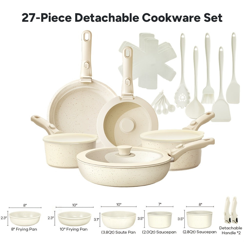 Nonstick Cookware Set 23 & 27 Piece with Removable Handles ¨C Induction Oven Dishwasher Safe Pots and Pans | Non-Toxic Frying Pans Saucepans Space-Saving Kitchen Cooking Set in Beige & Pink
