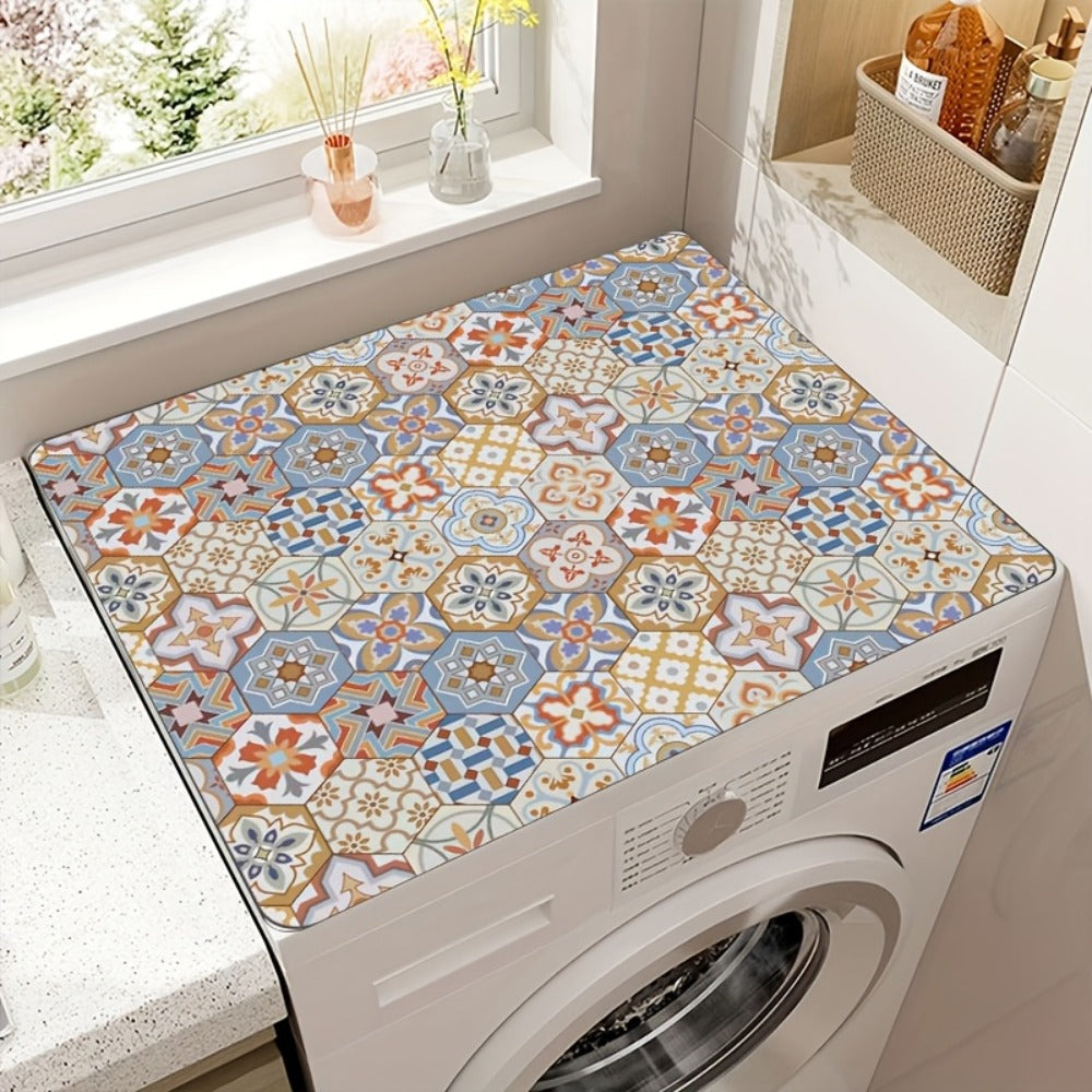 Washing Machine Cover Silicone Waterproof Decorative Plaid, 23.62x19.69 Inch Kitchen Laundry Room Top Load Washer Protector, Food-Grade Vintage Mosaic Multicolor Design Home Organization Appliance Cover
