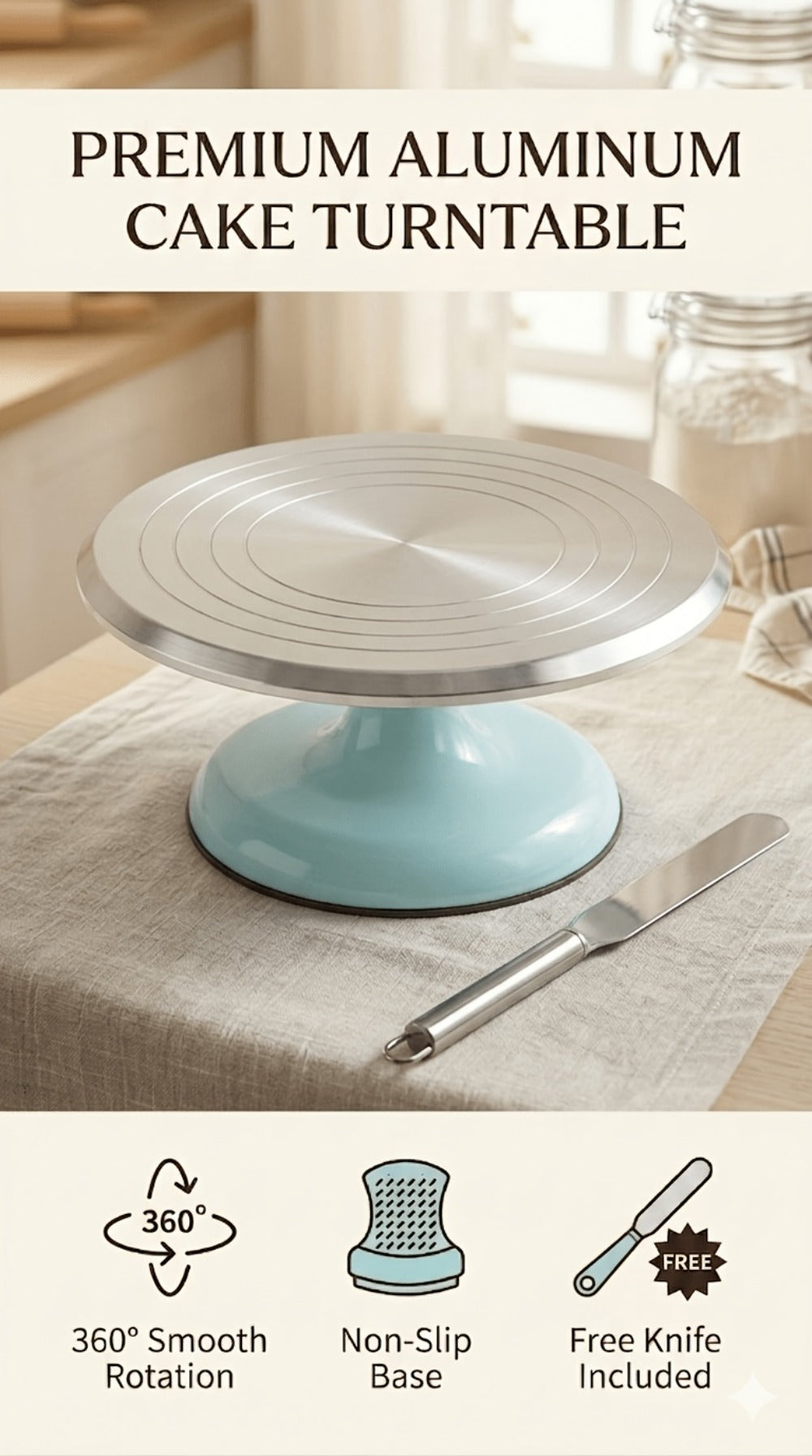 Cake Turntable Stand 10 Inch Aluminum 360 Degree Smooth Rotation with Frosting Spatula - Heavy Duty Rotating Cake Decorating Stand for Baking Birthday Wedding Holiday Desserts, Non-Slip Base Baking Supplies