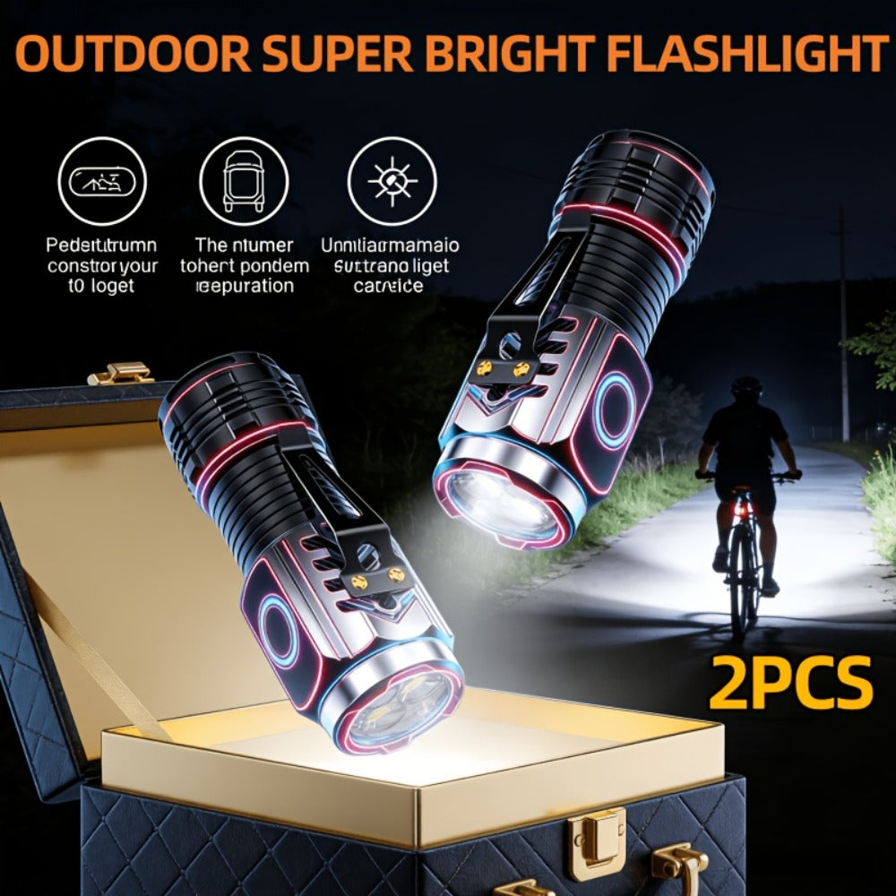 Handheld Flashlight 2 Pack Rechargeable LED | Ultra-Bright Multi-Mode Working Lamp Long Distance | ABS Portable Torch for Camping Hiking Emergency Home Outdoor Use