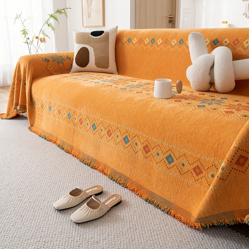 Bohemian Embroidery Chenille Sofa Cover 300GSM - Machine Washable Knit Weave Slipcover for 2 3 4 Seater Sectional Sofa No Padding, 5 Colors