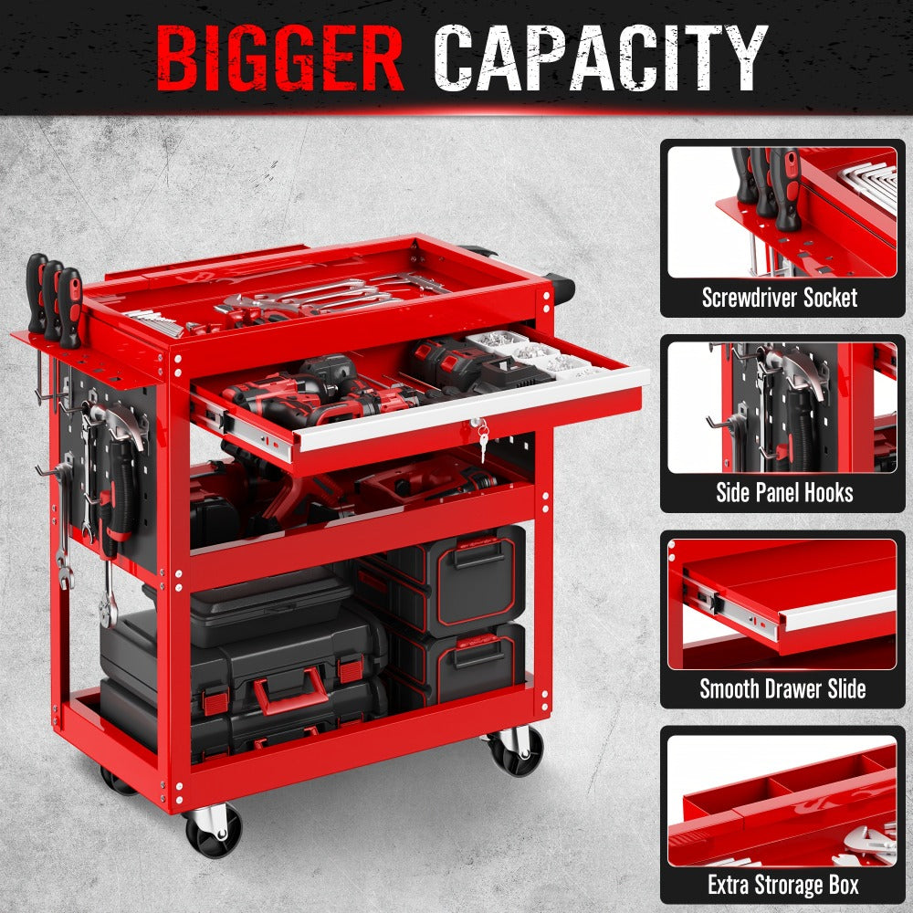 Rolling Tool Cart 3-Tier Heavy Duty 330 LBS Capacity Pegboard Organizer Locking Drawer 4 Swivel Casters for Garage Workshop Mechanics Black Yellow