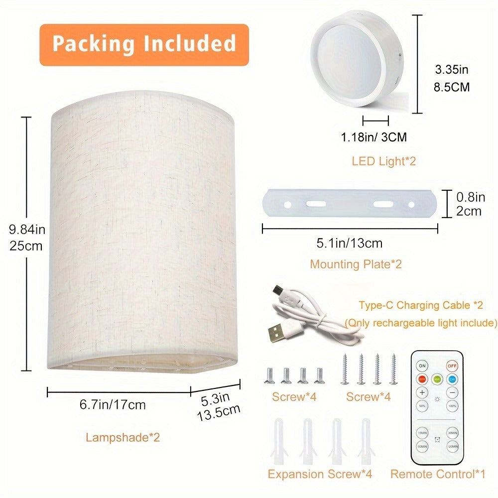 Rechargeable Wall Sconce Set of 2 ¨C Wireless Fabric Shade Wall Light with Remote Control, Magnetic Puck Light, Dimmable CCT or RGB Color, No Wiring for Bedroom Living Room Hallway Decor