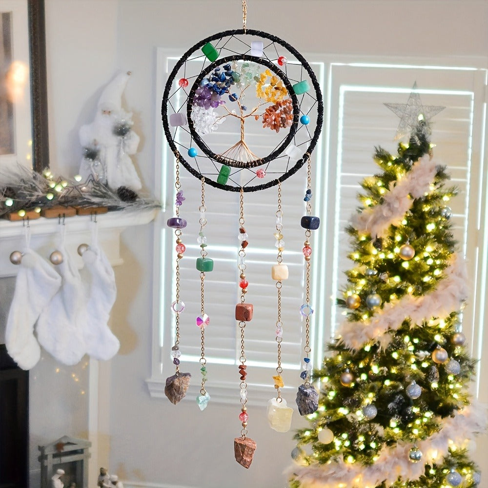 Crystal Wind Chime Suncatcher with Life Tree Pendant - Handmade Bohemian Shattered Stone Woven Hanging Decor for Outdoor Garden Window Porch, Christmas Wedding Birthday New Year Gift