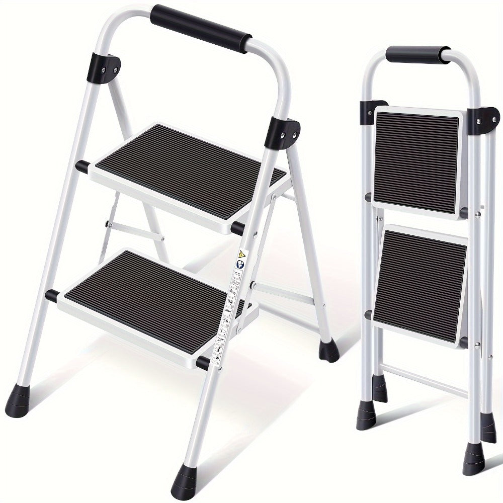 2 Step Ladder Foldable Heavy Duty Steel, Non-Slip Wide Pedal Step Stool with Safety Handle, Lightweight Portable Folding Step Ladder for Home Kitchen Bathroom Garage, 250lb Capacity, White & Red
