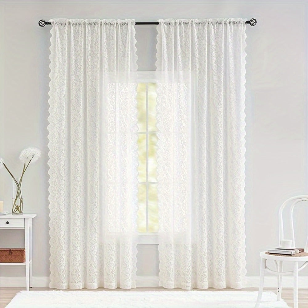 Sheer Curtain Rod Pocket Floral Lace Semi-Sheer Window Panel for Living Room Bedroom Kitchen Bathroom, 100% Polyester, Machine Washable, White Light Green Coffee