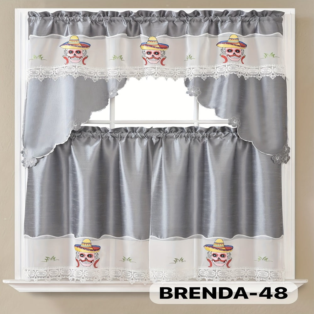 Kitchen Curtains 3 Piece Set Embroidered Satin Valance and Tiers - Rod Pocket Light Filtering Machine Washable 46 Colors Available All Season Home Decor