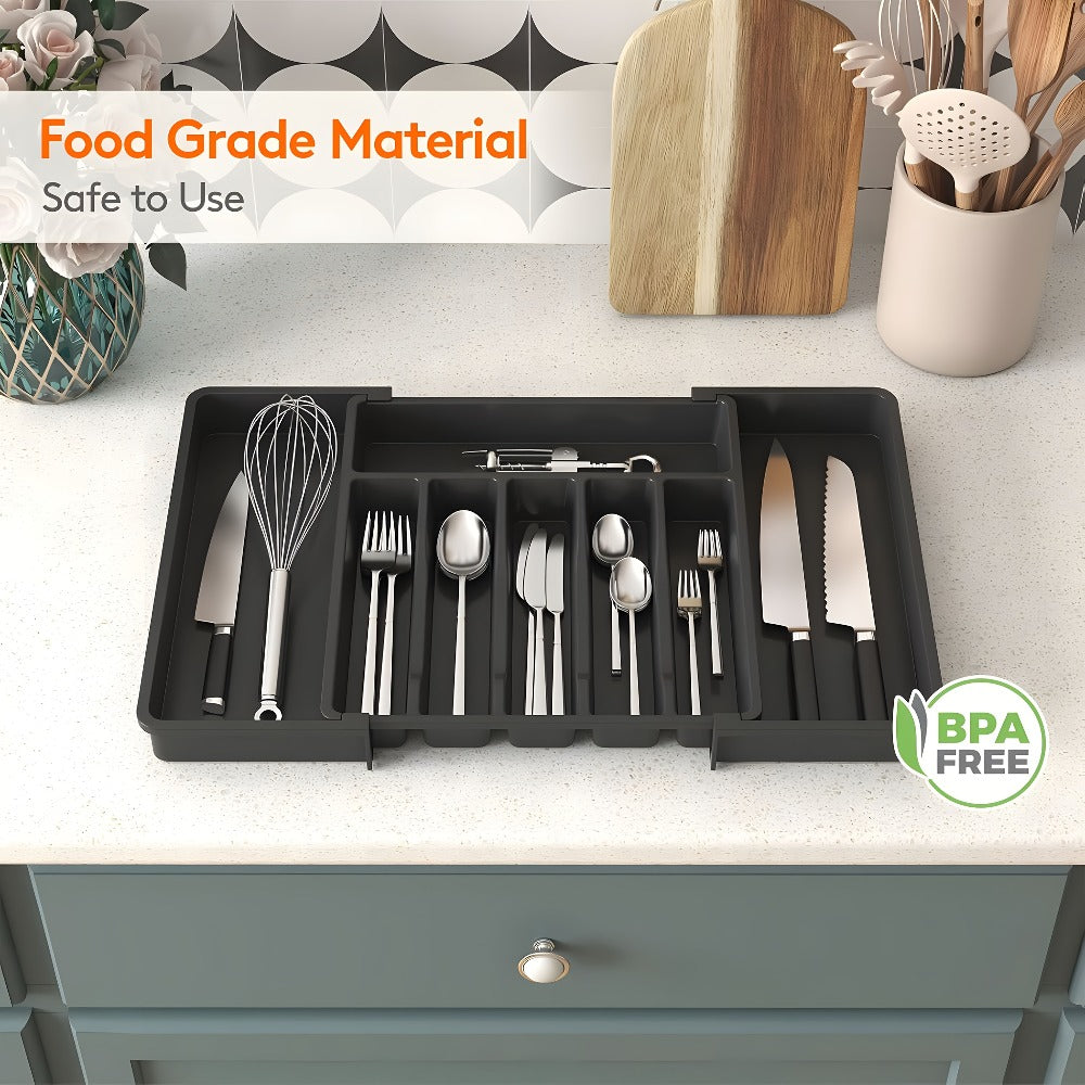 Silverware Organizer Adjustable Drawer Organizer | Utensil & Cutlery Storage Tray for Kitchen Drawer | Expandable Knife Fork Spoon Holder 22.4¡± x 15¡± x 2¡± | Kitchen Organization & Storage in Black Grey White
