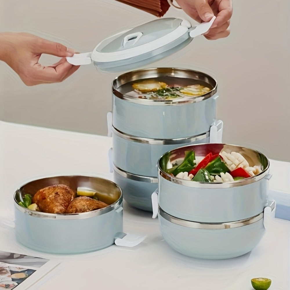 Stainless Steel Lunch Box Insulated Bento Box with Lid - Cylindrical Stackable Food Container for Office School Camping and Picnic, Dishwasher Safe Thermal Lunch Box Available in 2, 3 or 4 Layer for Adults and Kids
