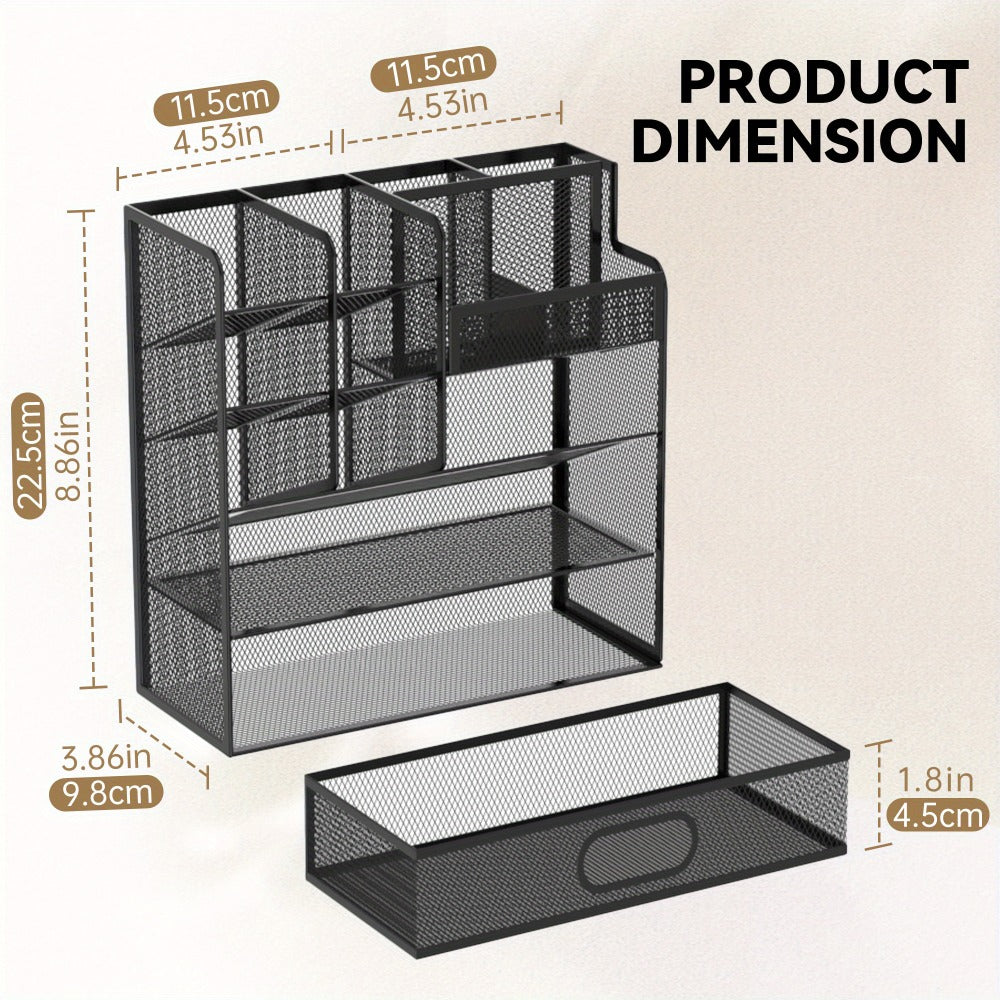 Mesh Desk Organizer with Drawer ¨C Multifunctional Desktop Pen Holder & Office Supply Organizer for Home Office, School & Art Studio ¨C Pencil Cup Caddy with Storage Compartments, Multiple Colors Available