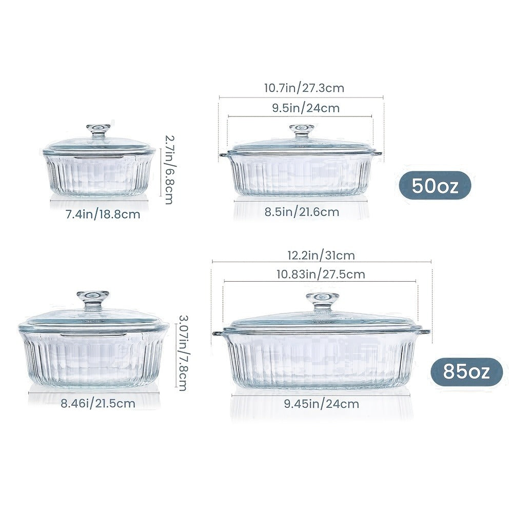 Glass Casserole Dish with Lid, Oval Ribbed Roasting Pan, Oven & Microwave Safe Covered Baking Dish, Transparent Deep Glass Cookware for Chicken Pasta Desserts, 50oz & 85oz Options