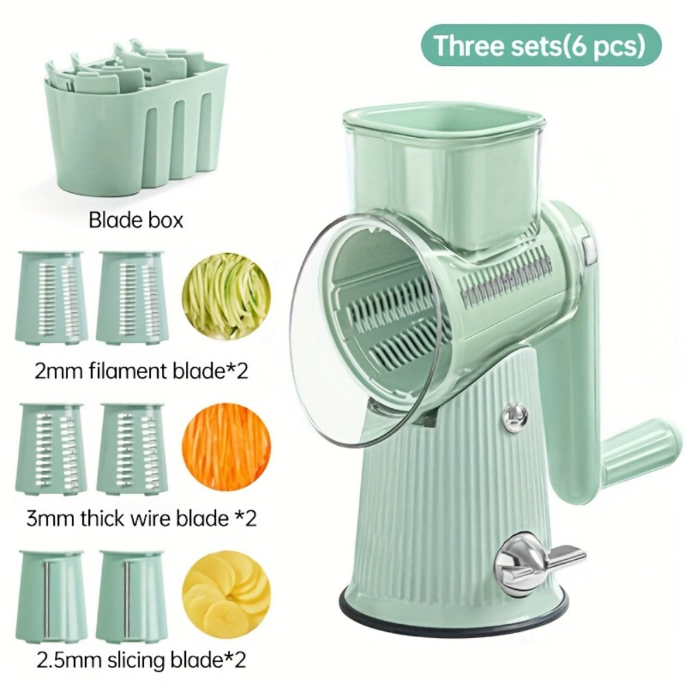 Rotary Cheese Grater with Interchangeable Blades ¨C 5-in-1 Manual Vegetable Slicer Shredder Set, Suction Cup Base, Easy to Clean, Multifunctional Kitchen Tool for Fruits, Vegetables & Nuts