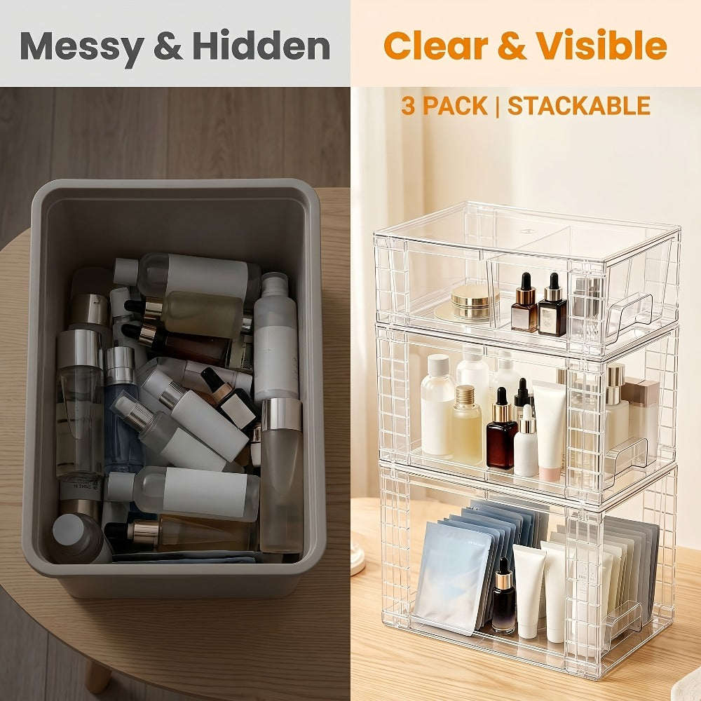 Clear Stackable Storage Bins with Lids & Handles 3 or 4-Piece Set | Plastic Organizer Drawers for Under Sink Pantry Cabinet Closet | Kitchen & Bathroom Storage for Cosmetics Cleaning Supplies Food