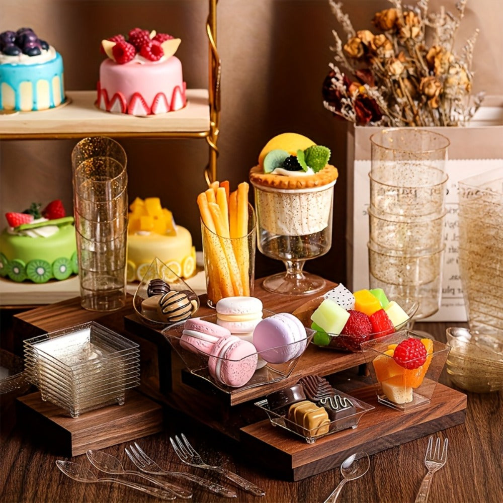 Disposable Tableware Set 400pcs Clear Dessert Plates Cups Forks Spoons Party Supplies for Festival Birthday Wedding Home Includes 100 Each Plates Cups Forks Spoons