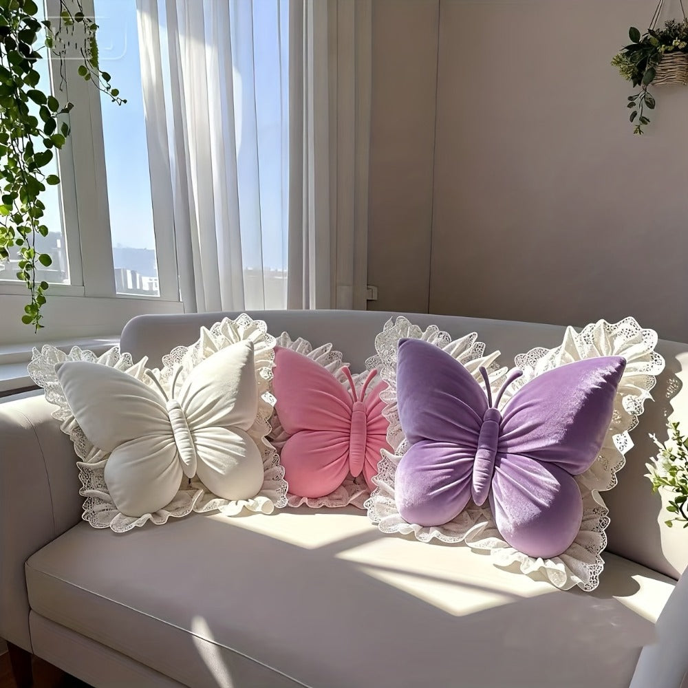 Butterfly Lumbar Pillow Cute Waist Support Cushion for Back Sleepers Home Bedroom Car Seat Sofa - Aesthetic Room Decor Gift for Women Birthday Pink Purple