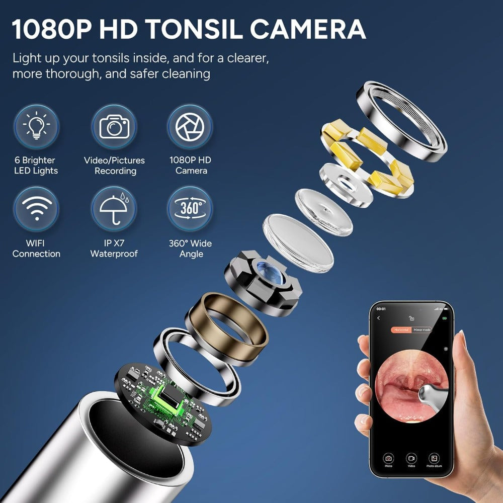 Visual Tonsil Stone Remover with 1080P HD Camera ¨C 6 LED Lights, 5 Stainless Steel Heads, Bad Breath Prevention, iOS & Android Compatible, At-Home Tonsil Care Kit