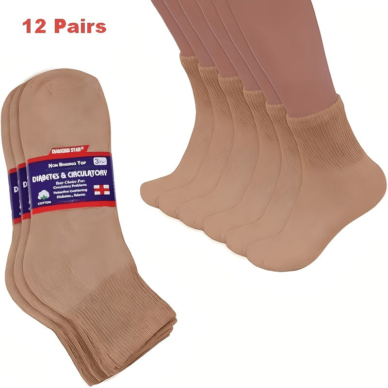 Diabetic Socks 12 Pairs Non Binding Low Cut Cushioned Seamless Loose Fit Ankle Socks for Men Women Edema Neuropathy Wide Toe Box White Black Brown Grey Khaki Navy