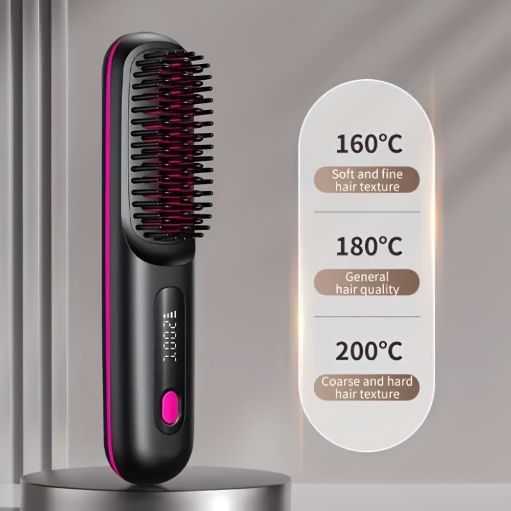 Portable Wireless Hair Straightener Comb USB Rechargeable 3-Speed Temp Control Negative Ion LED Display Lightweight for Travel
