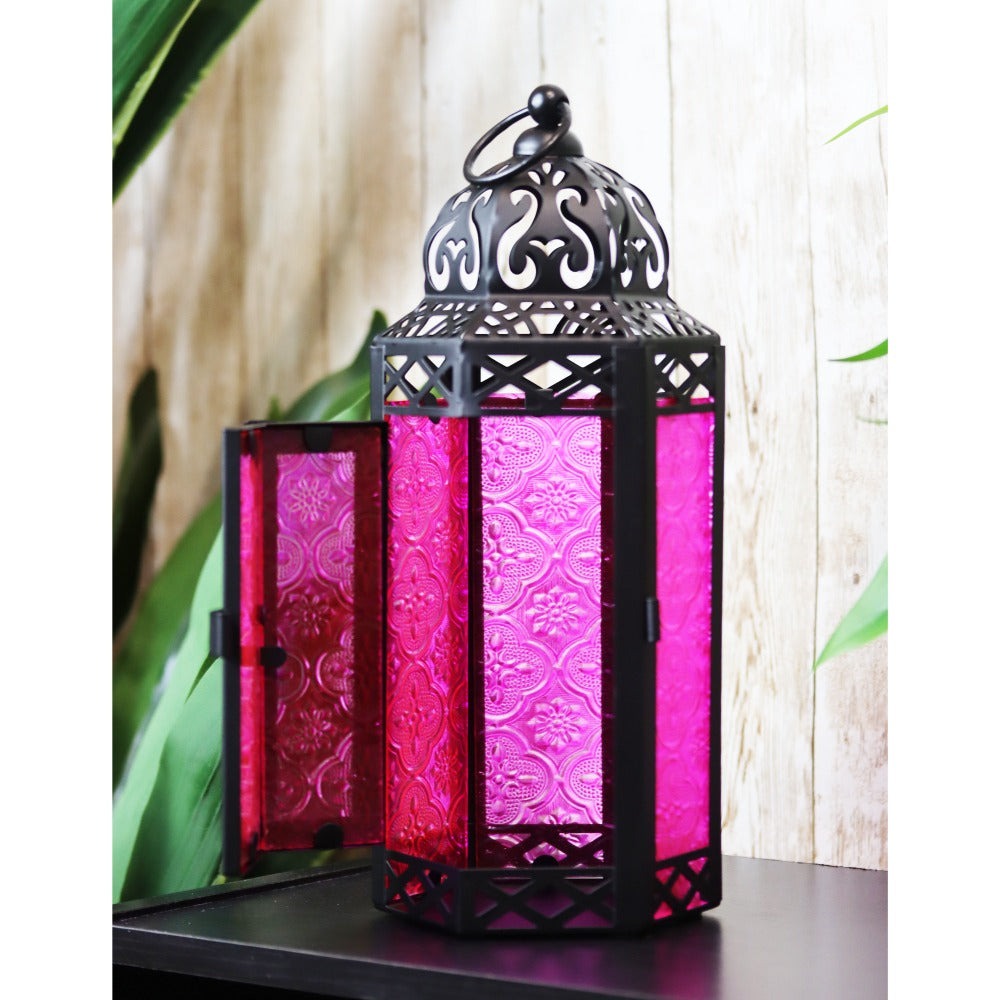 Moroccan Candle Lantern Holder - Decorative Metal & Glass Lantern with Embossed Floral Design for Indoor Home Decor, Garden, Patio, Weddings, Ramadan, Halloween & Holiday Celebrations - 10.5¡± Tall Medium Size