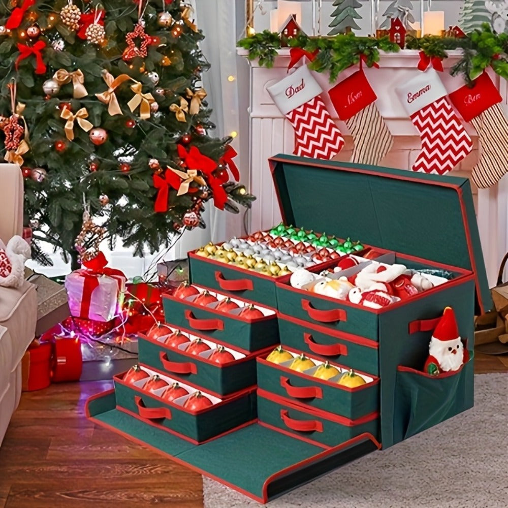 Christmas Ornament Storage Box 128 Slots 8 Trays Stackable Large Capacity Holiday Organizer with Lid Side Open Adjustable Dividers Removable Trays Red Green