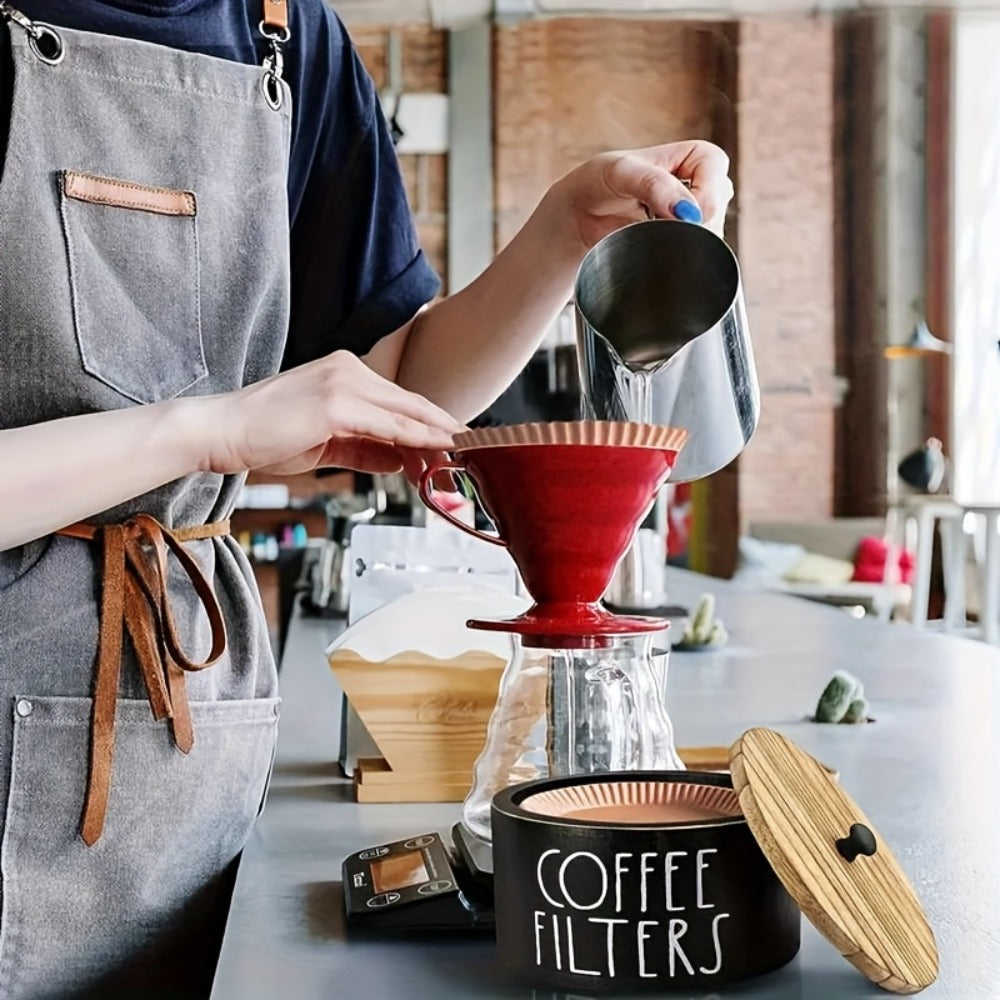 Wooden Coffee Filter Holder with Lid ¨C Large Capacity Rustic Round Organizer Dispenser for Coffee Filters & Tea Bags, Bamboo Lid, Kitchen Countertop Coffee Bar Decor