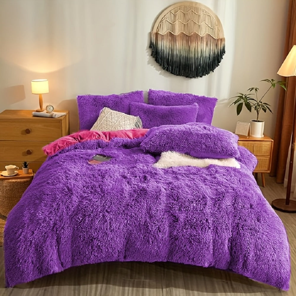 Fluffy Bedding Set 4pcs Soft Warm Plush Duvet Cover with Pillowcases Queen King - Cozy Autumn Winter Comforter Set 8 Colors