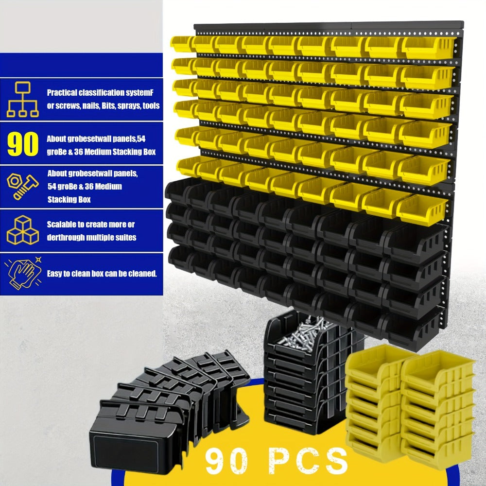 Wall Mounted Storage Bin Rack System ¨C Heavy Duty Small Parts Organizer for Screws, Nuts, Bolts & Nails | Stackable Garage Workshop Tool Storage Rack | 30/60/90 Bins Hardware Organizer