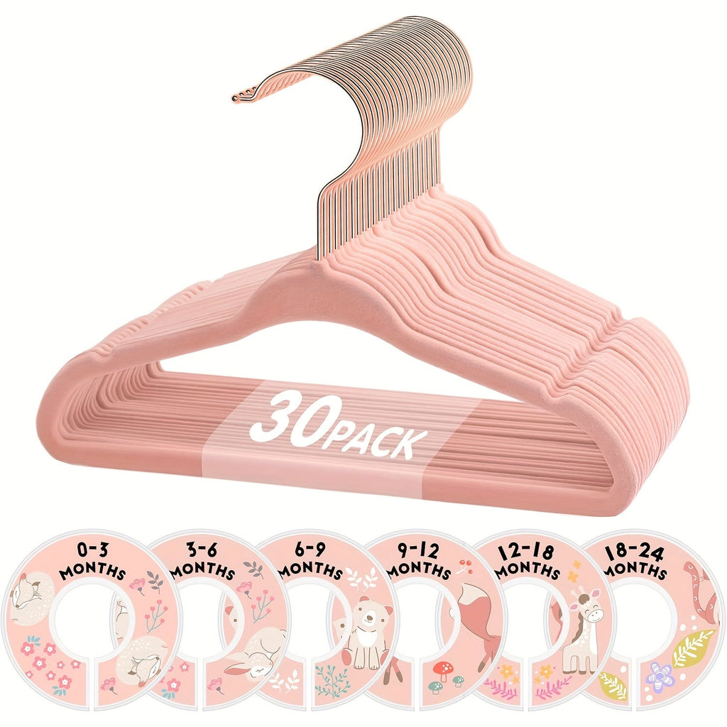Baby Hangers Pink Velvet Non-Slip Nursery Closet Kids Clothes Hangers with Size Dividers for Infant Toddler Girls Boys 50/30pcs