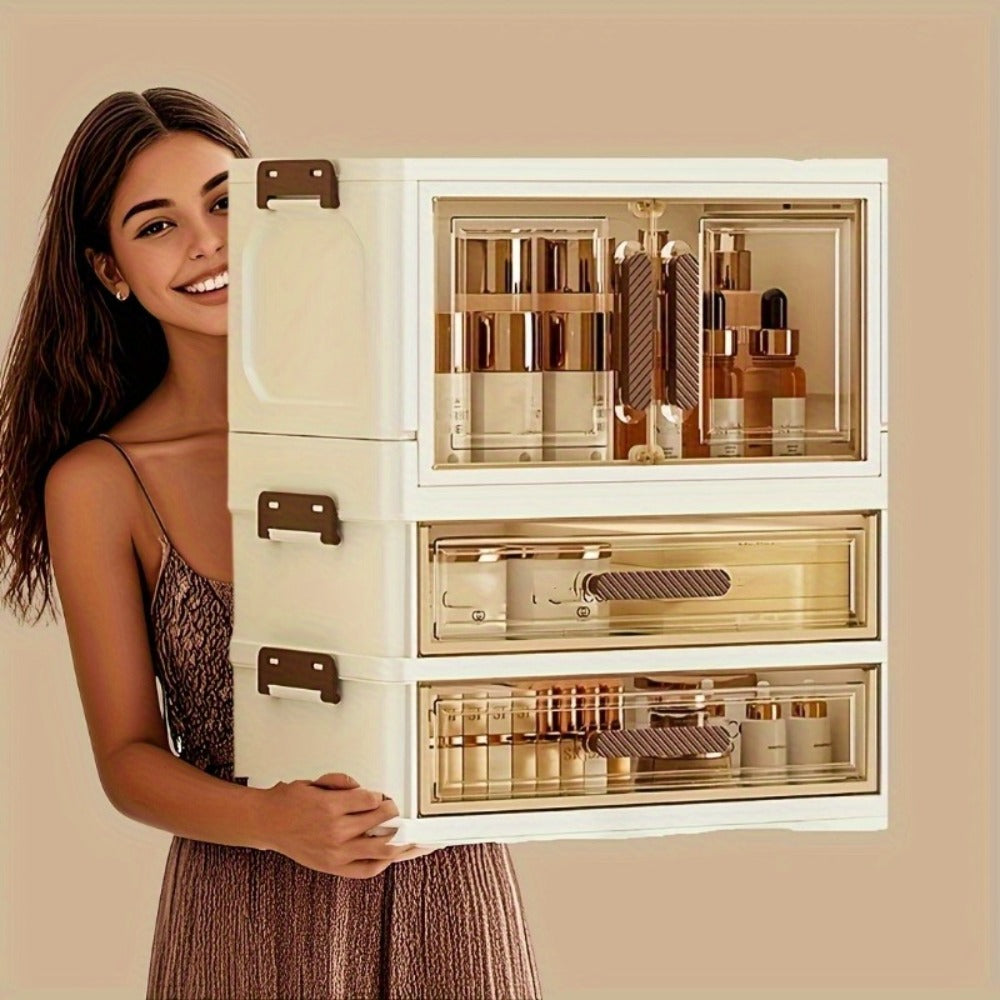 Makeup Storage Cabinet with Transparent Drawers, Stackable Cosmetic Organizer for Vanity, Foldable Plastic Skincare Storage Box, Retro White Gold Design, Desk Organizer for Bedroom Home