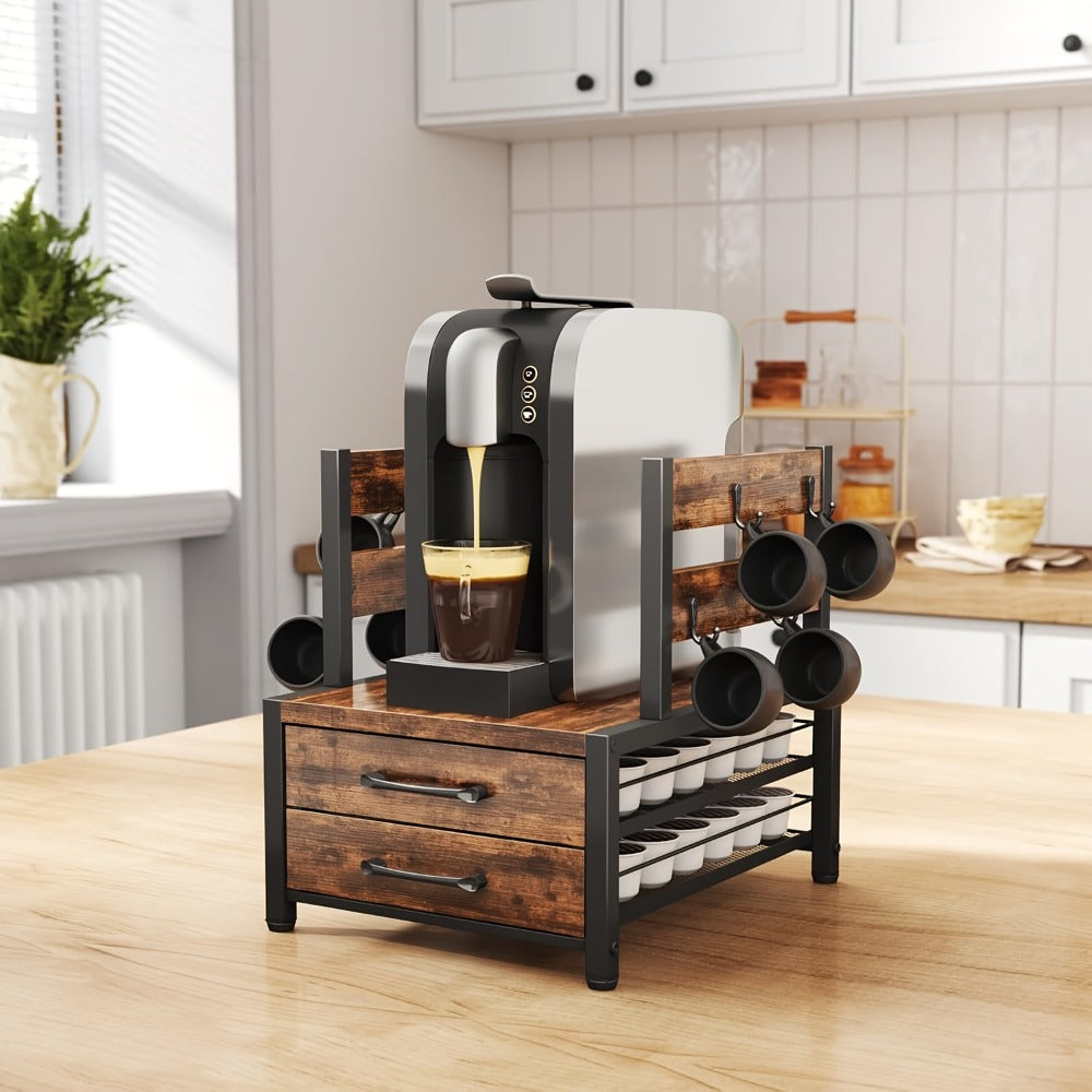 Coffee Pod Holder and Mug Rack - K Cup Capsule Organizer 70 Capacity Single Double Layer Coffee Machine Stand Countertop Storage | Rustic Brown | Kitchen Coffee Bar Organizer Gift