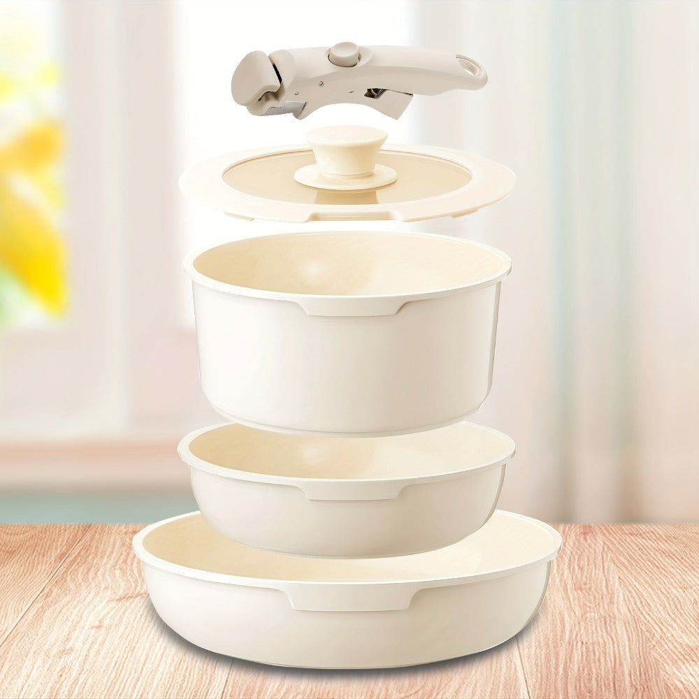 Nonstick Cookware Set 5-Piece Detachable Handle Aluminum Pots and Pans ¨C Space-Saving Stackable Induction Compatible | 8 & 10 Inch Frying Pan Soup Pot Universal Lid | White Pink Beige Coral Pink