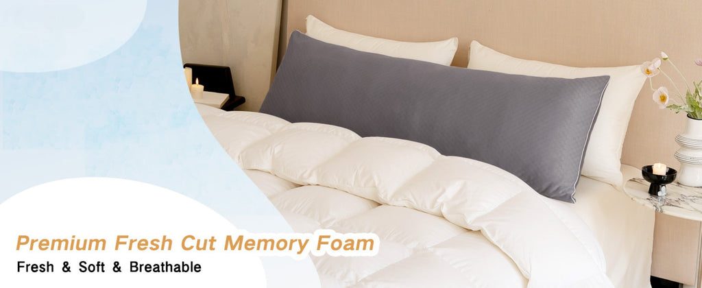 Body Pillow for Adults Full Body Support - Memory Foam Shredded Fill, Washable Pillowcase, 20x54 Inch, White & Grey