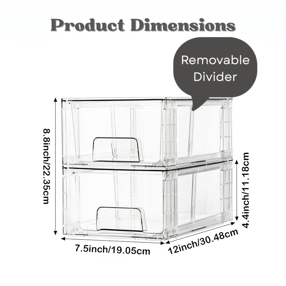 Clear Acrylic Storage Drawers with Handles - Stackable Refrigerator and Pantry Organizer Bins for Snacks Fruits and Vegetables, Food Safe Pull-Out Drawer Bins for Fridge Kitchen Cabinet Under Sink and Bathroom, Available in 4, 6, 8 or 10 Pack