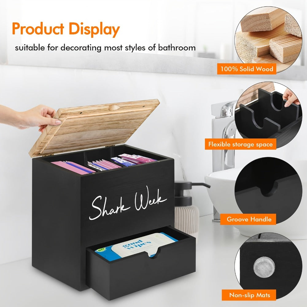 Tampon & Pad Organizer Box with Lid - Wooden Bathroom Storage Bin with Drawer, 3-Compartment Feminine Products Caddy, Farmhouse Bathroom Decor