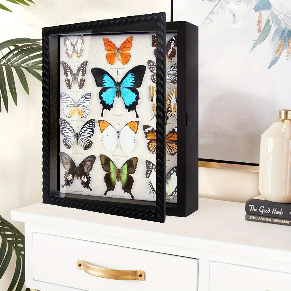 Shadow Box Frame with Linen Back ¨C Large Rustic Memory Display Case 11x14 & 12x16 Inch for Photos, Medals, Coins, Pins, Flowers & Collectibles, 4 Removable Shelves, Black White Brown