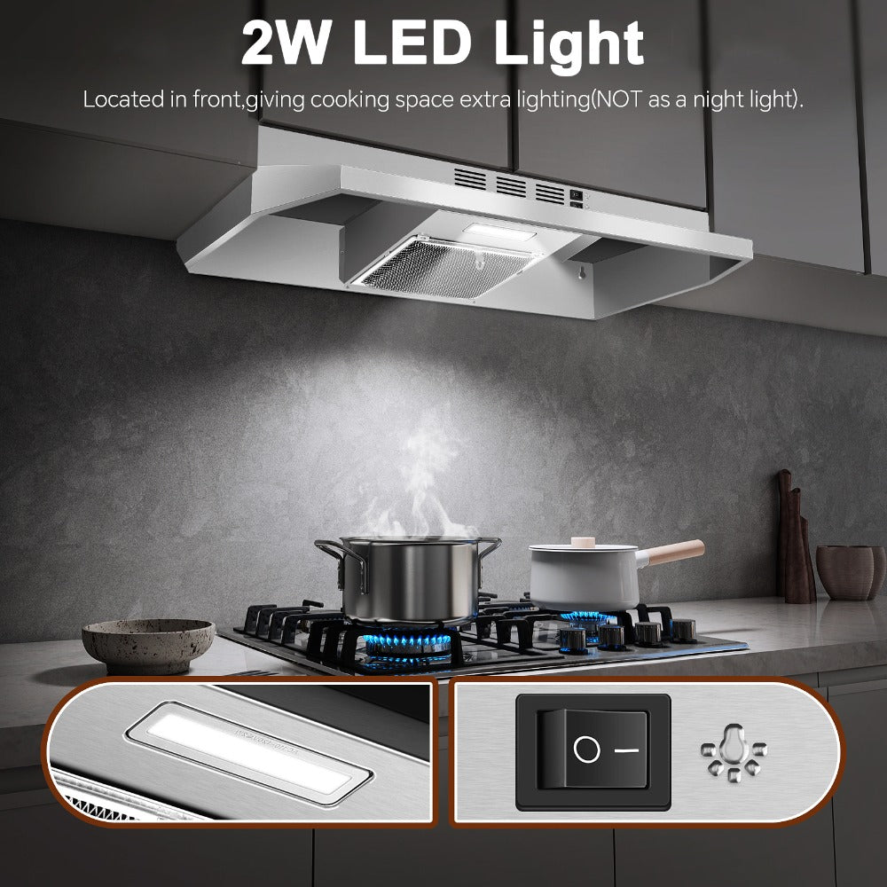 Range Hood 36 Inch Under Cabinet Ducted Ductless Convertible Stainless Steel 350CFM 2-Speed Exhaust Fan LED Light 3-Layer Aluminum Mesh Filter Top Rear Venting Kitchen Vent Hood