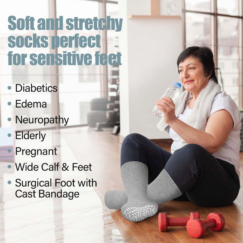 Anti-Slip Wide Socks for Swollen Feet 3 Pairs Grippy Sole Diabetic Non-Binding Breathable Edema Socks Reinforced Toe Heel Black White Grey Size 9-13 13-15