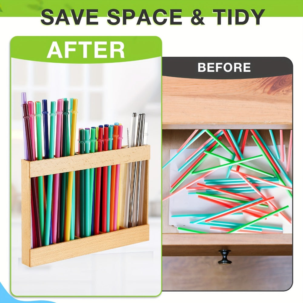 Wooden Straw Holder for Cabinet Door 9.8 Inch Acacia Wood Straw Dispenser Wall Mount Reusable Straw Storage Box for Kitchen Counter Cupboard Organizer