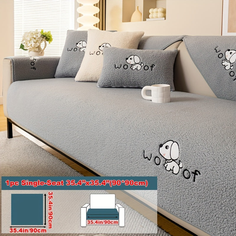 Sherpa Plush Sofa Cover Non-Slip | Thick Fleece Couch Protector, Pet Friendly Furniture Shield, 1 to 4 Seat, Armrest Backrest Pillowcase, Deep Gray Light Gray Coffee Off White