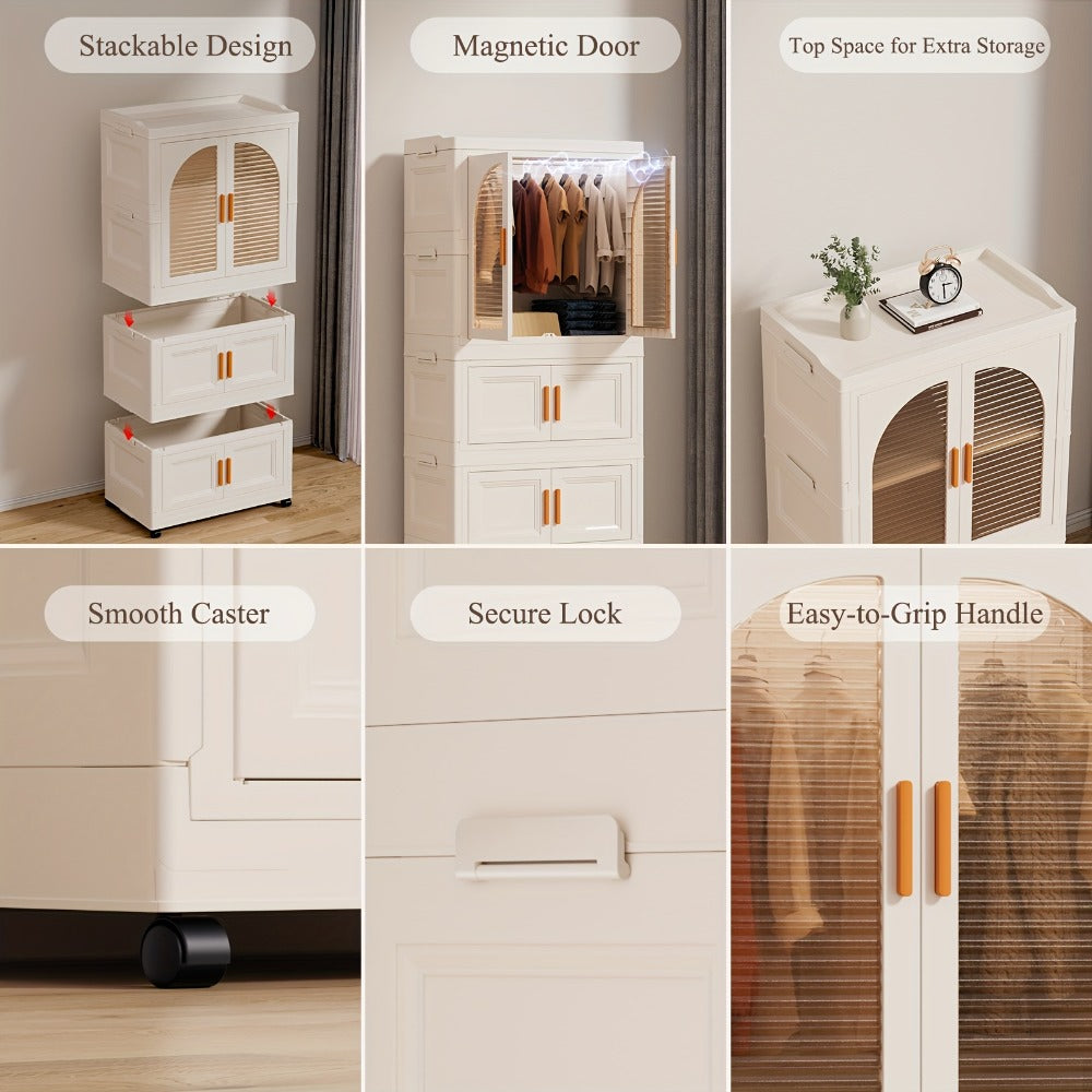 Folding Wardrobe Storage Cabinet on Wheels with Magnetic Door, Hanging Rod & Shelves ¨C 25.6¡± Wide Portable Closet Organizer