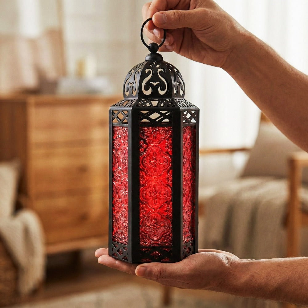 Moroccan Candle Lantern Holder - Decorative Metal & Glass Lantern with Embossed Floral Design for Indoor Home Decor, Garden, Patio, Weddings, Ramadan, Halloween & Holiday Celebrations - 10.5¡± Tall Medium Size